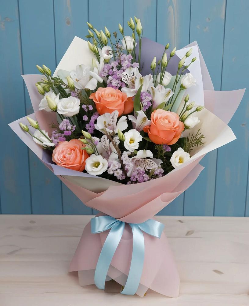 Букет цветов из: Лизиантусы, Розы, Альстромерии и Гипсофила в Жилине